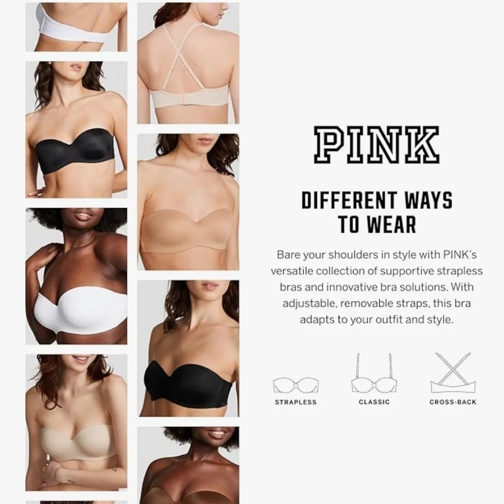 PINK VICTORIA SECERT Strapless Cream Bra push up classic cross pack 34C